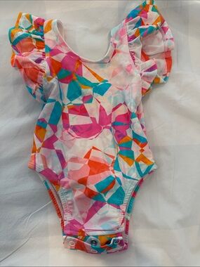 Posh Peanut Pink Teal Orange Geometric Floral Ruffle One-Piece Swimsuit